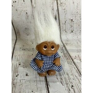1985 Dam Troll, 3 inch Girl Troll Doll with White Hair And Plaid Dress